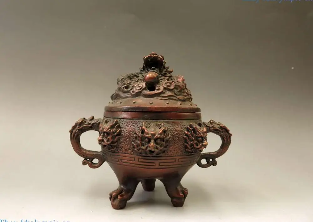 

China bronze censer carved fine red copper nine dragon Incense Burner Statue