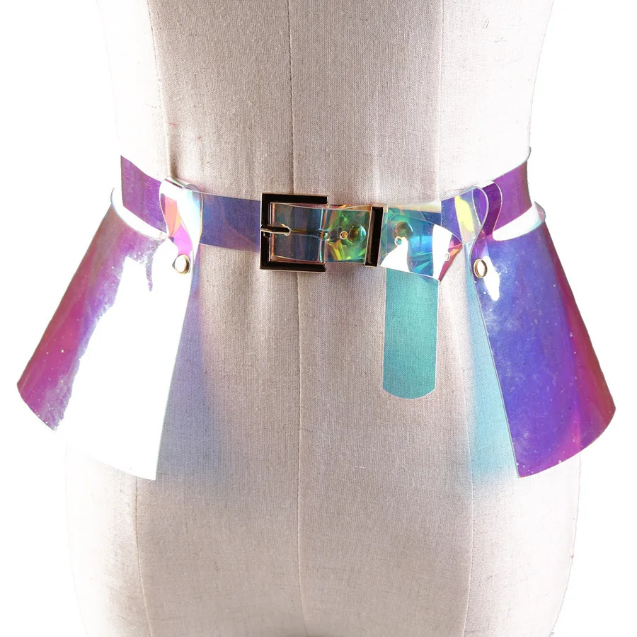 Fashion Laser Hologram Waist Belt Clear Transparent Black high street fashion adjustable pleated  skirt Ruffle Sexy Sash