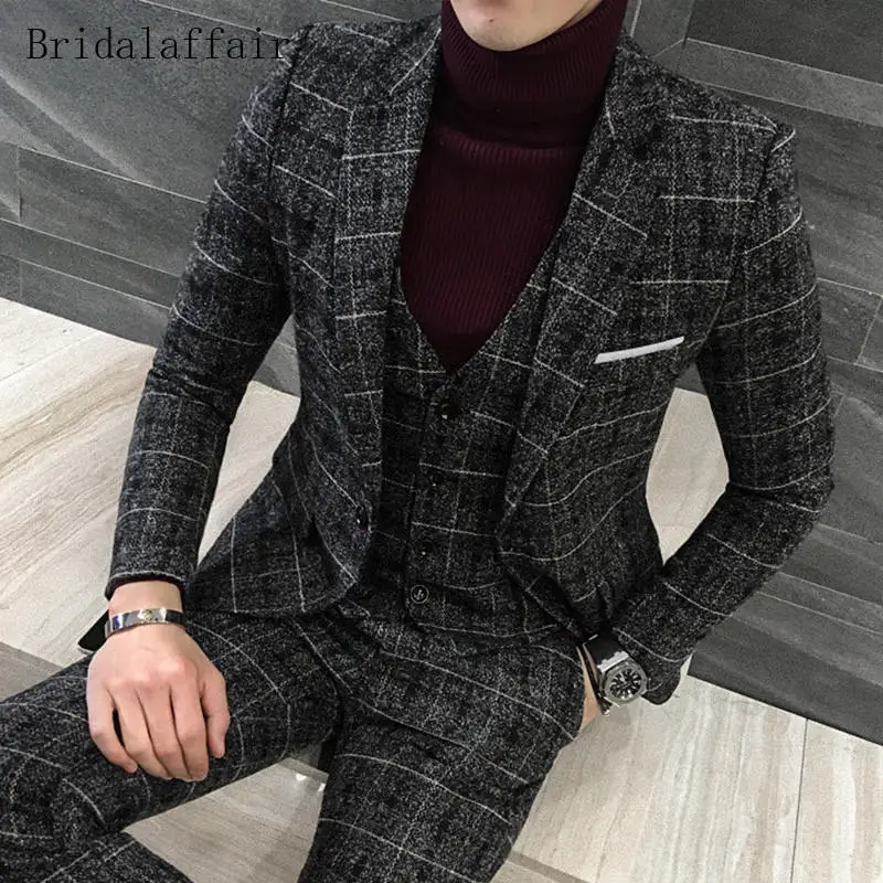 Новый дизайн Bridalaffair 2018 мужской костюм британский темно серый клетчатый