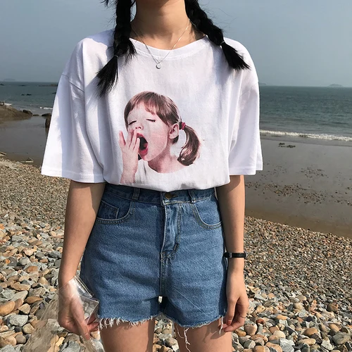 Character printed simple cute casual cotton white fresh preppy short sleeve female t-shirts