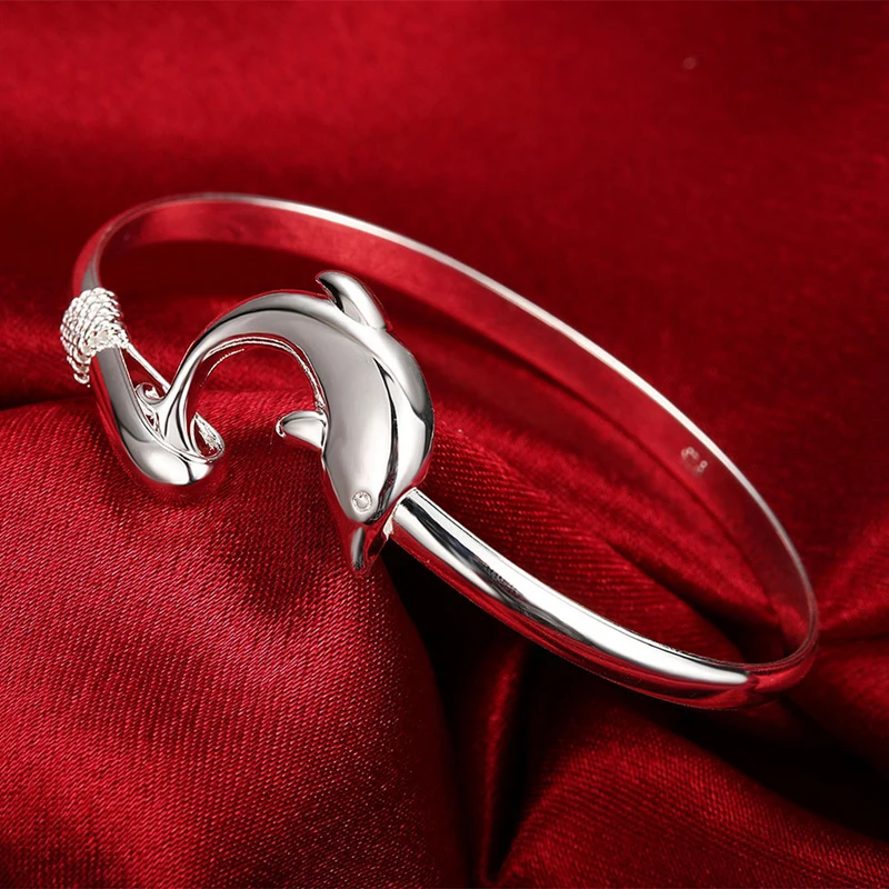 925 Jewelry Playful Dolphin Lock Buckle Bangle For Women Wedding Fashion Silver Plated Gifts | Украшения и аксессуары
