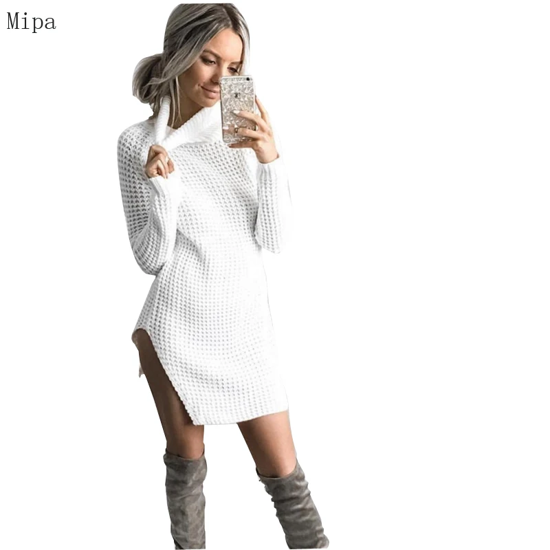 2017 Women Autumn Winter Long Sleeve Sweater Dresses Slim Turtleneck Sexy Bodycon Split Ends Knitted Solid Color Robe Dress | Женская