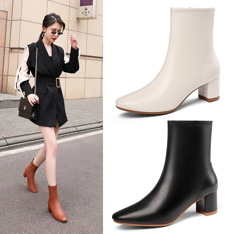 TXCNMB Brand Cow Leather Ankle Boots for Women High Heels Zipper Short Ladies Shoes Woman Round Toe Party