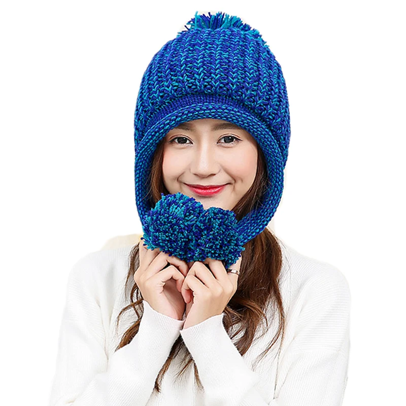 Шапка зимняя женская русская с защитой ушей и двумя помпонами joejerry Bomber Hat Trapper Ushanka Double Pom Kintted Snow Beanie.