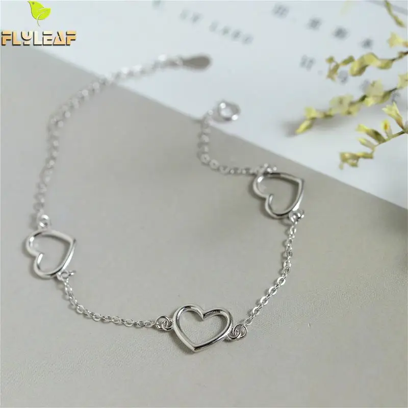 Flyleaf 925 Sterling Silver Heart-shaped Hollow Bracelets For Women Simple Fashion Fine Jewelry Girl Charm &amp Bangles | Украшения и