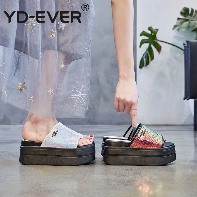 YD-EVER (8 см) женская обувь из натуральной кожи Тапочки блестящие отделанные