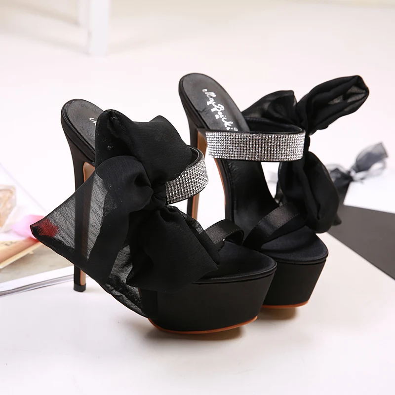 Сандалии женские на высоком каблуке босоножки с большим бантом со стразами