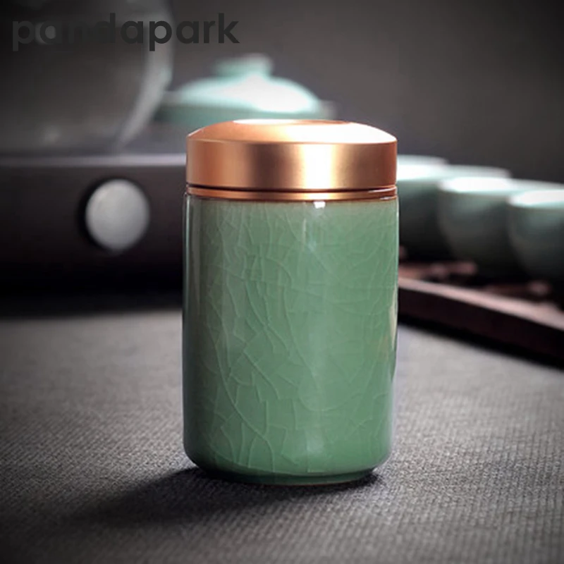 

Pandapark Tea Caddy Box Porcelain Sealed Cans Of Food Dried Fruit Metal Cover Longquan Celadon Kung Fu Tea Accessories PPX008