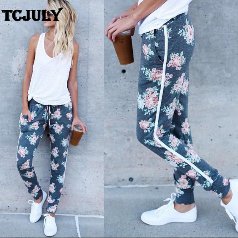 TCJULY новый дизайн с цветочным принтом прямые спортивные штаны для женщин боковыми