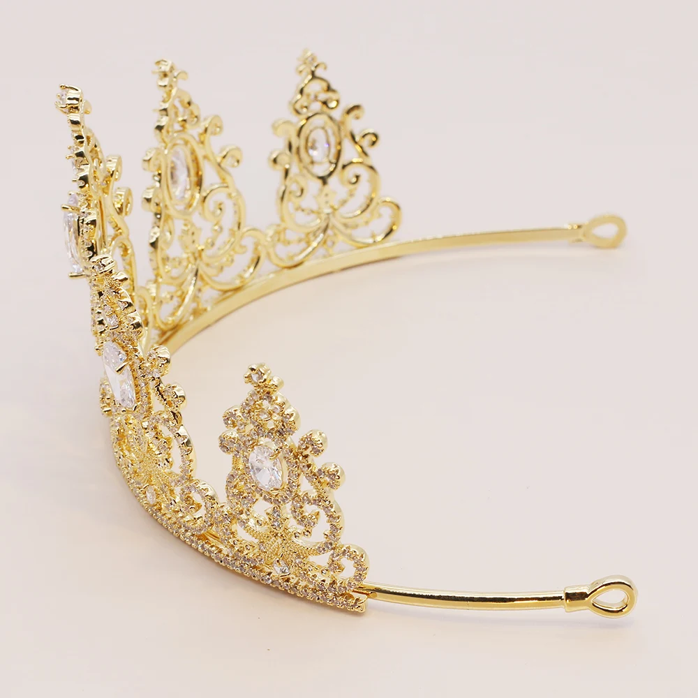 Блестящие золотые Цвет свадебная тиара AAA Цирконий Корона Украшения для волос
