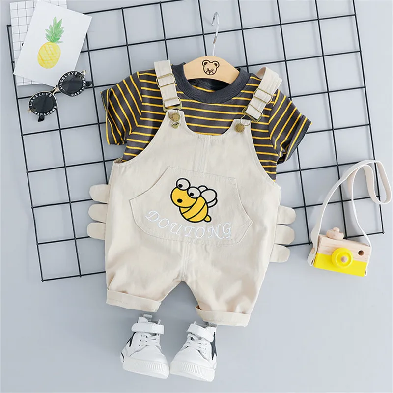 2019 Brand 2PCS Kids Baby Boys Children Clothing Clothes Stripe Short Sleeve Tops+Bib Pants 2pcs Outfit Summer Fashion 1-5Y | Детская
