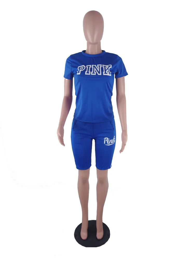 Летний розовый женский спортивный костюм с буквенным принтом повседневный