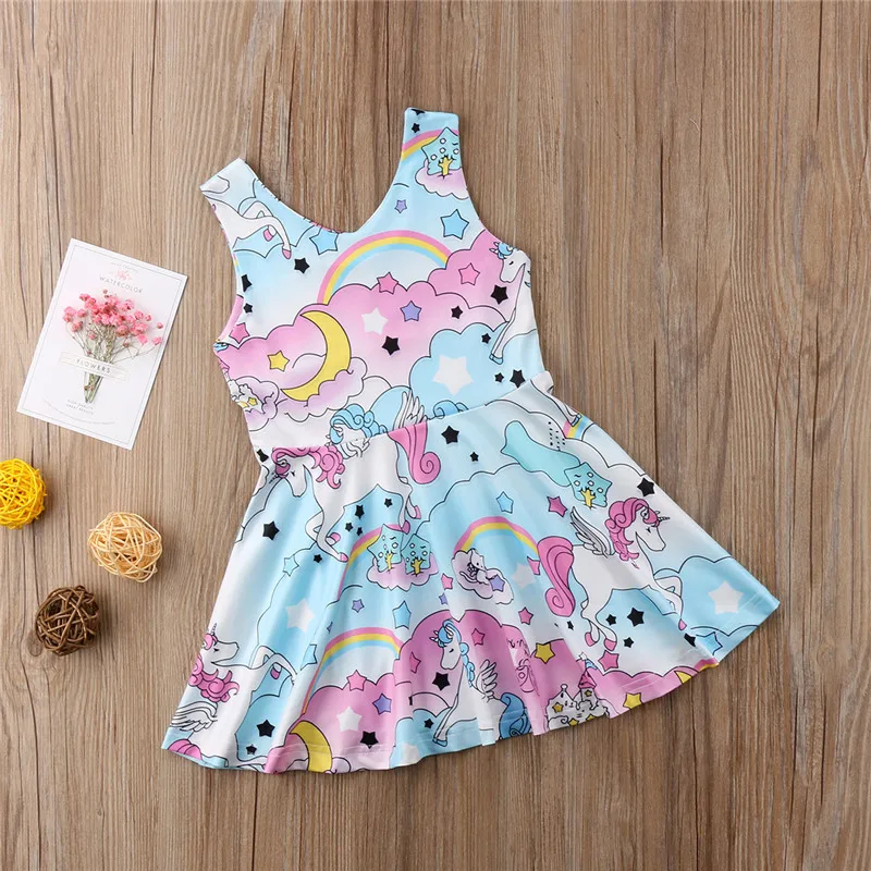 2018 летнее платье для девочек с принтом единорога Vestidos Пляжное платья принцессы