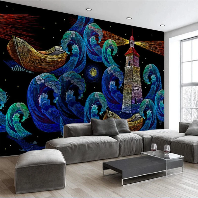 

beibehang Custom wall mural wallpaper in any size European retro cartoon lines sailing lighthouse background wall wallpaper