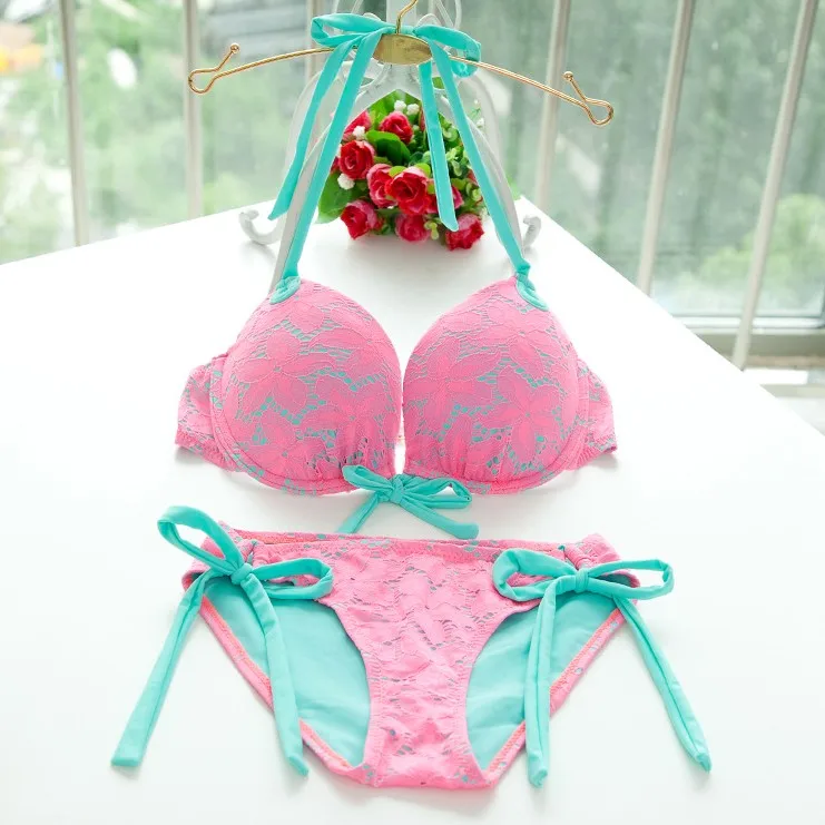 Набор бикини с низкой талией для женщин бретелькой на шее мягкий пуш ап купальник