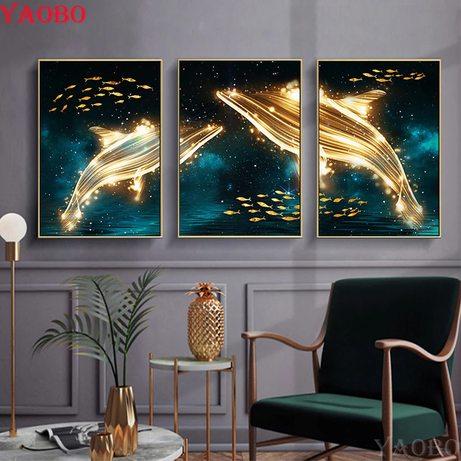 

Современная Абстрактная 3D картина из страз, 3 шт., звездное небо, Золотой Дельфин, кристалл, вышивка крестиком, квадратные Стразы