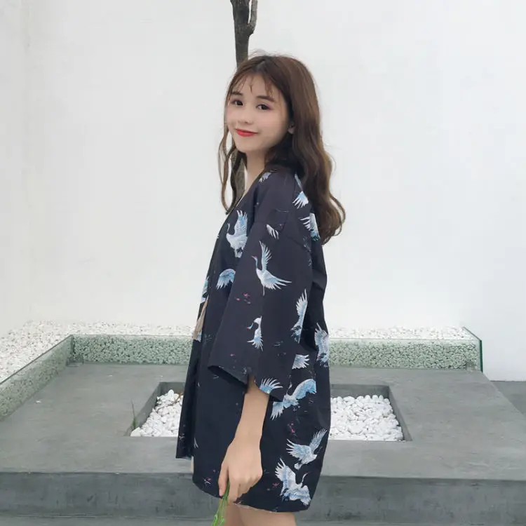 Японское женское кимоно Yukata Haori, карнавальные костюмы для девочек, Harajuku, свободные кимоно с принтом в виде Журавля, кардиган, верхняя одежда, повседневная куртка