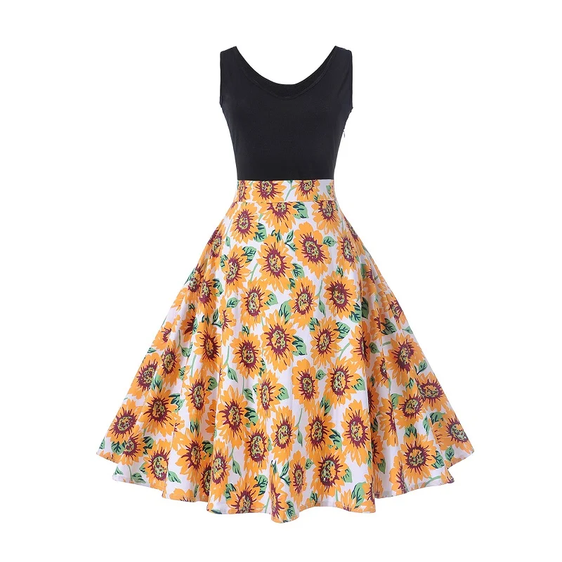 Летние подростков платье с цветочным принтом в стиле ретро без рукавов платья