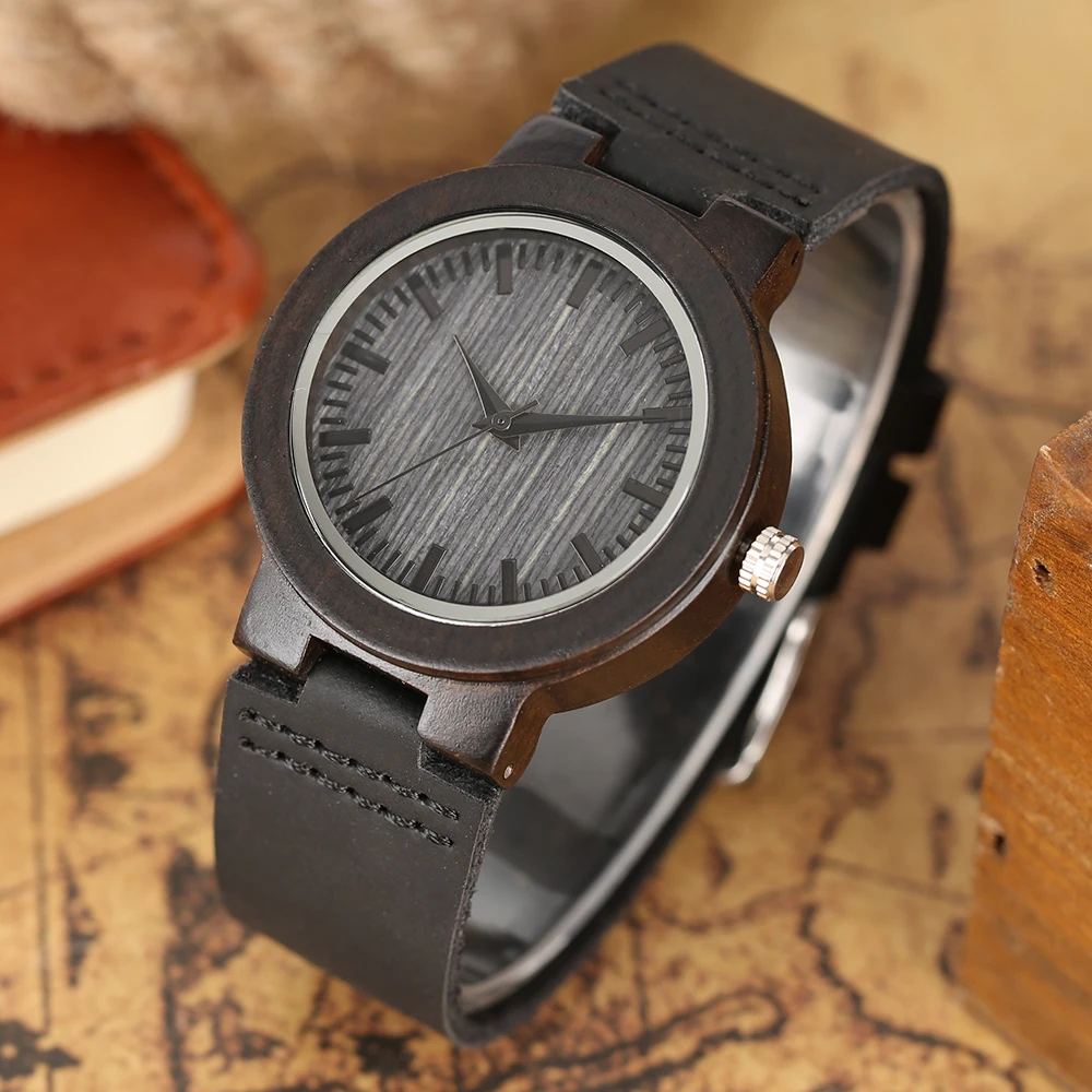 

Простой, но элегантный маленький циферблат часы для мужчин и женщин в черном деревянном корпусе чехол из натуральной кожи, дамские часы с ре...