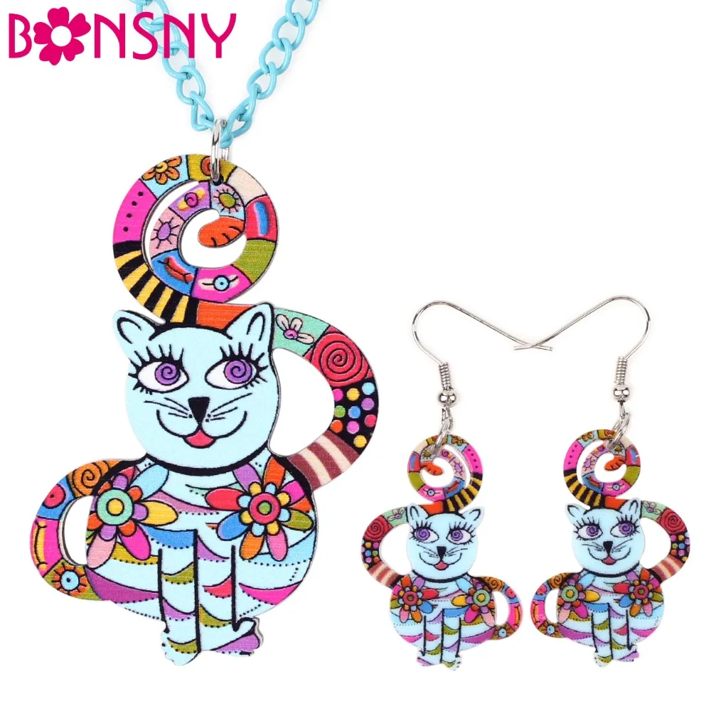 Bonsny брендовая акриловая ожерелье с кошкой серьги Ювелирные наборы чокер ошейник