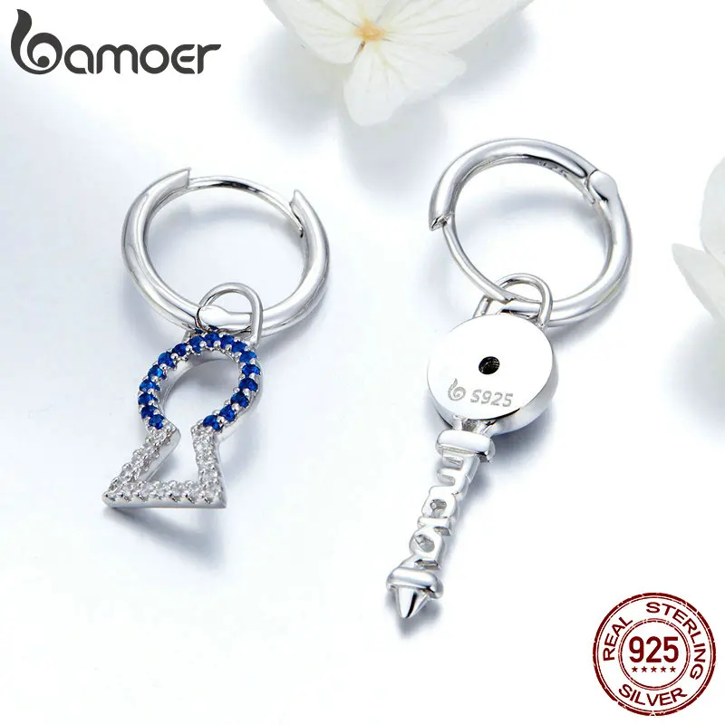 BAMOER Подлинная 925 пробы серебряные замки и ключ Висячие серьги для женщин синий CZ Циркон Свадебные обручальные ювелирные изделия GAE028