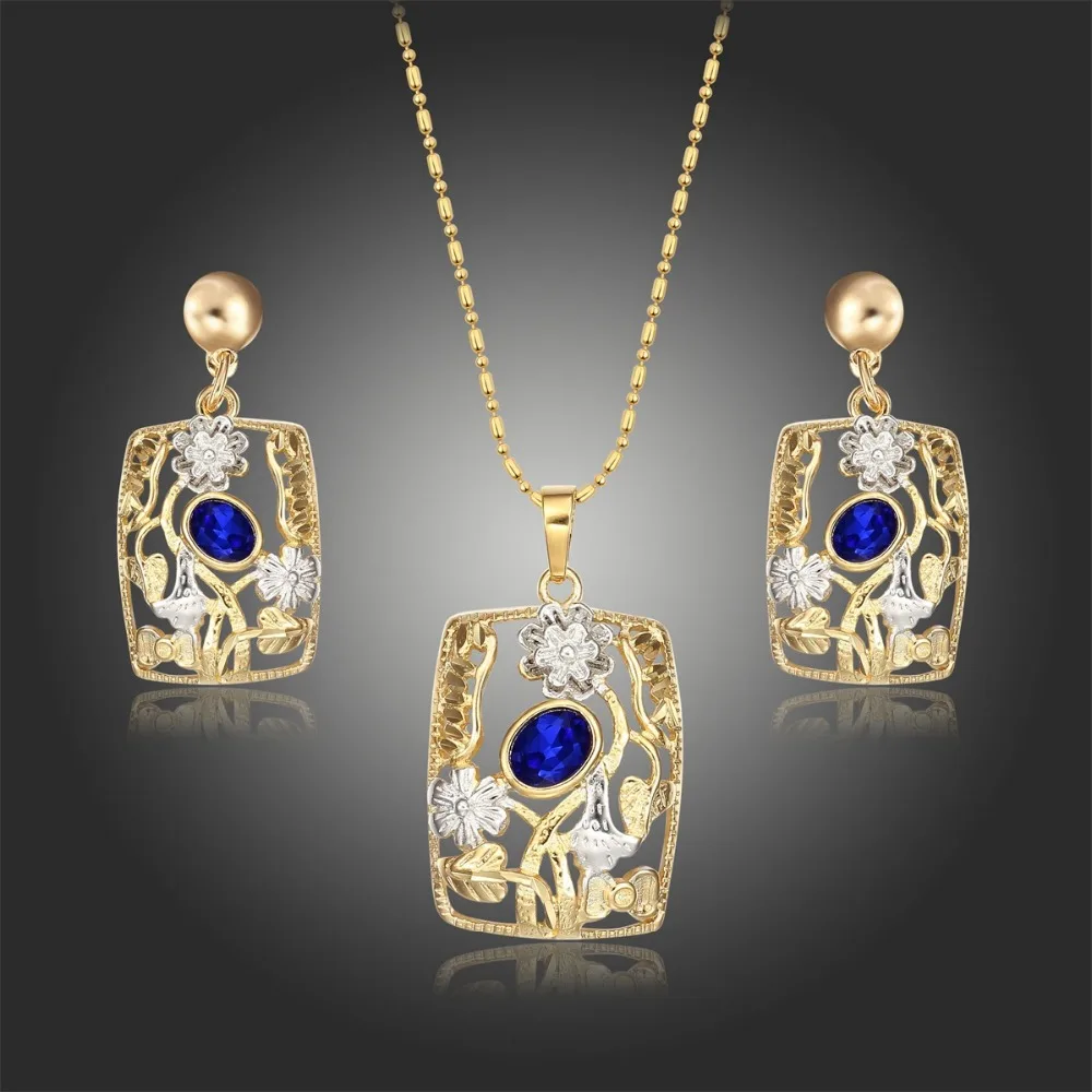 Exclusive Blue Empress Square Necklace Gold Color With Hollow Rectangle Sliver Stud Earrings Women Jewelry Sets|necklace white gold|gold artnecklace