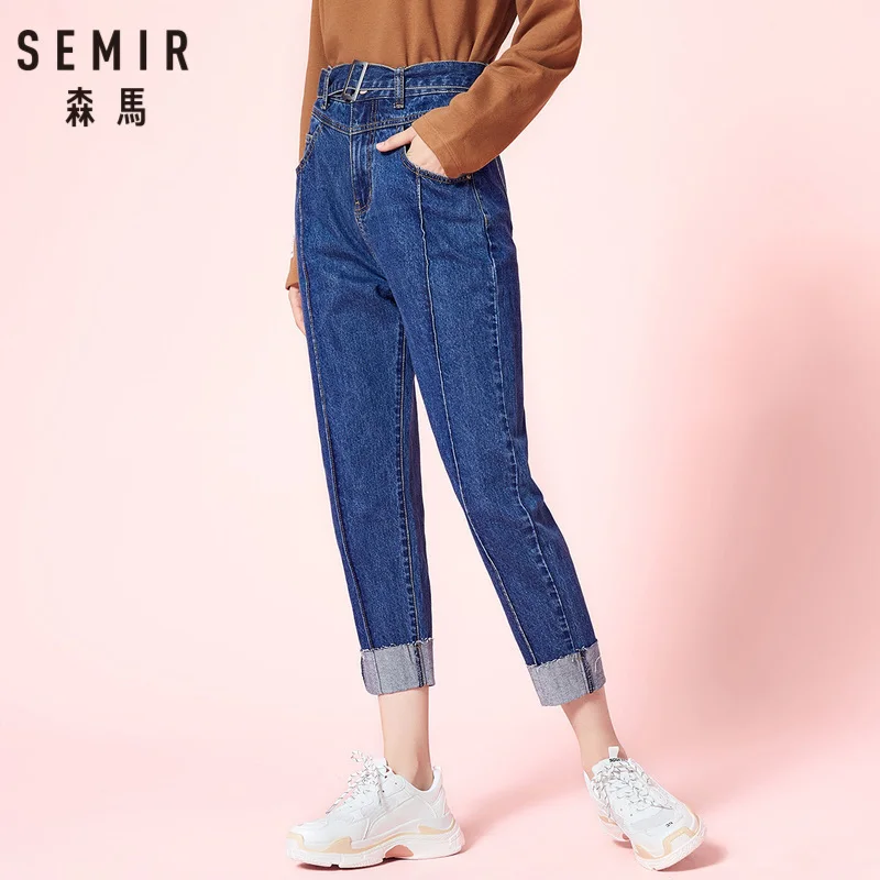 SEMIR Для женщин 100% хлопковые Джинсы бойфренда укороченные джинсы с пряжки ремня