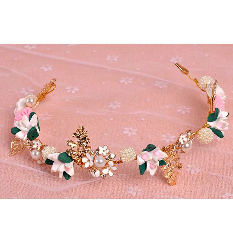Delicate Metal Headband For Women Colorful Flower Crystal Pearl Hairwear Baroque Wedding Tiara Bride Head Band Hair Accessories | Украшения