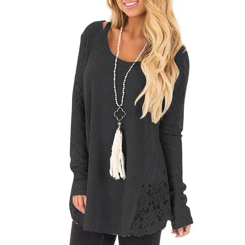 Fashion Women Long Sleeve V-Neck Pure Color Sexy Loose Knitted Tops Pullover Lace Patchwork Jumper variety of colors | Женская одежда