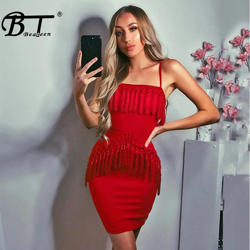 Beateen Tassel облегающее женское вечернее платье vestidos сексуальное с вырезом лодочкой