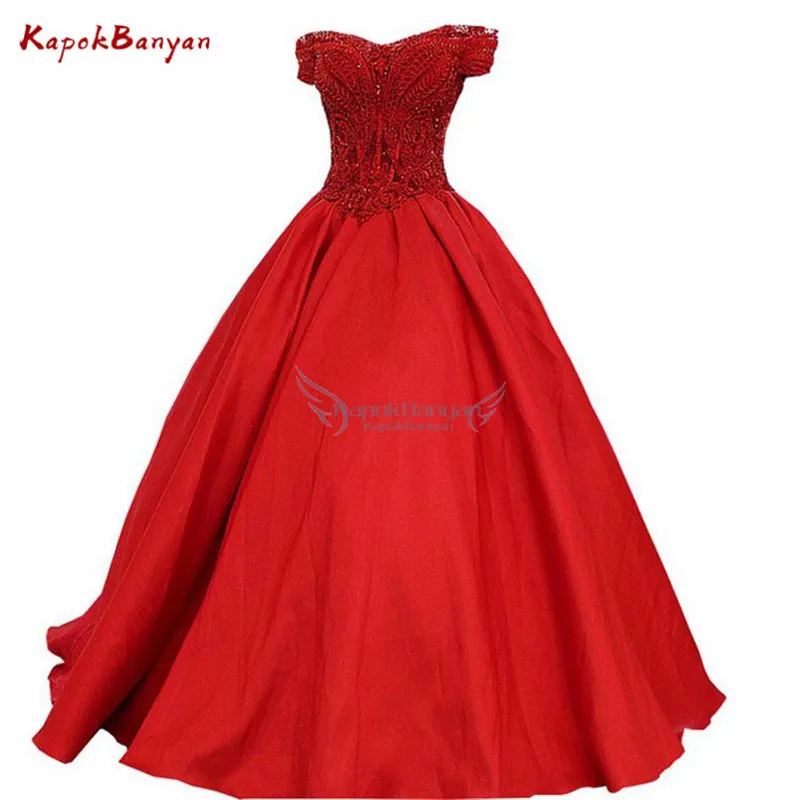 

Red Beaded Prom Ball Gown Off The Shoulder Lace-up Prom Long Elegant Dresses 2019 with Bow-Knot Luxury Court Train