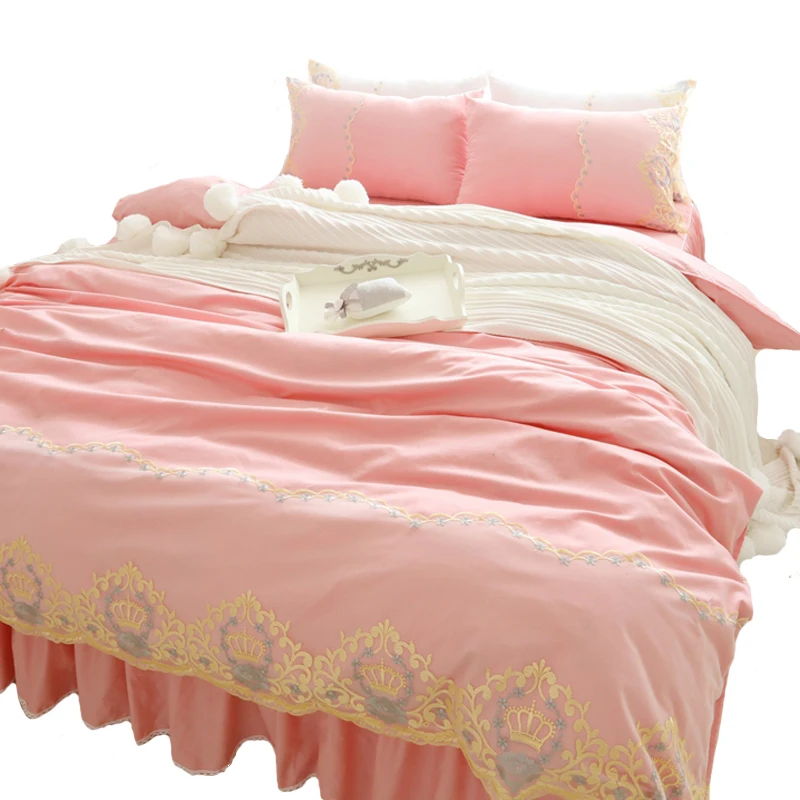 Корейский розовый кружевной комплект постельного белья с пододеяльником и юбкой