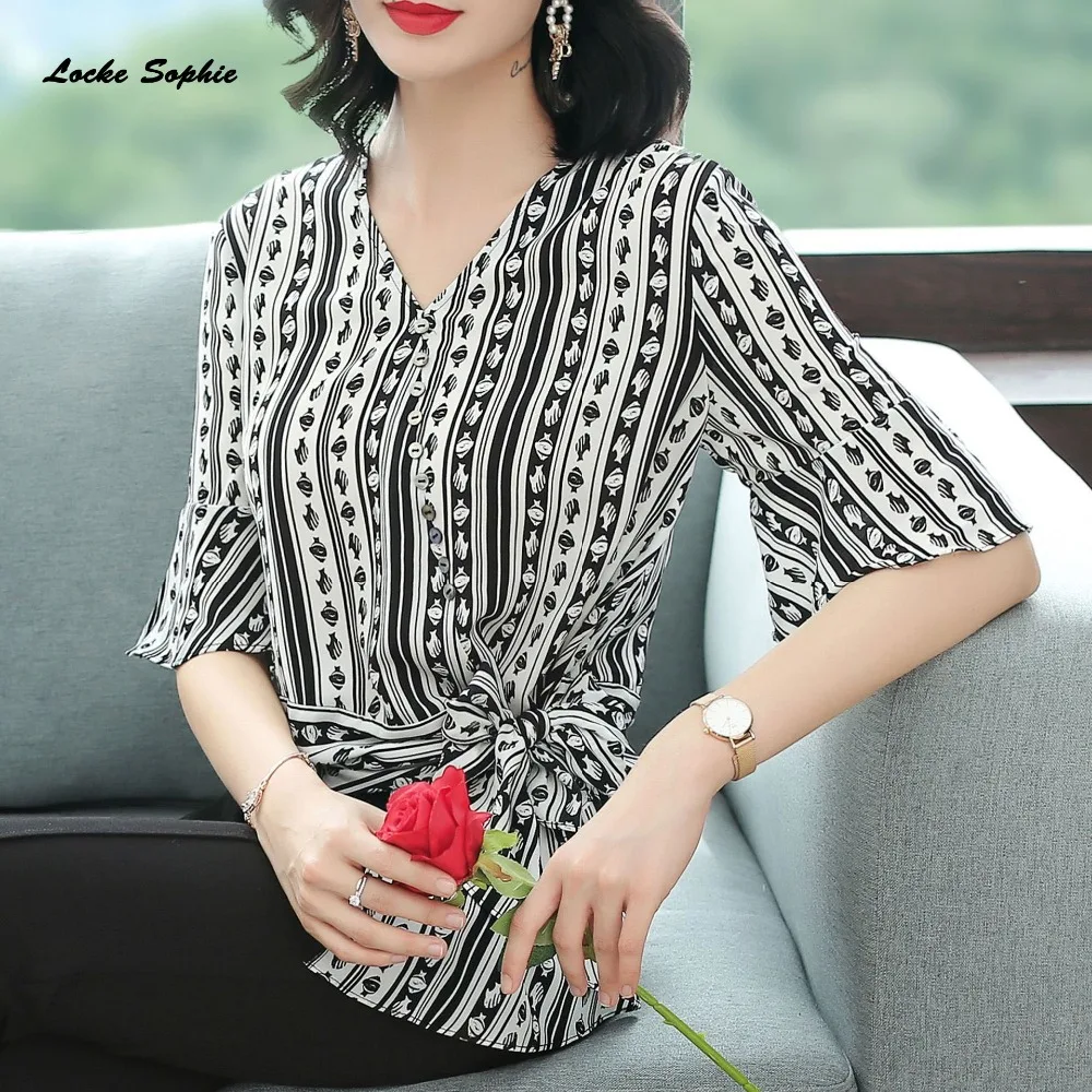 1pcs Ladies Plus size blouses tops 2019 Spring Fashion chiffon prints Mosaic V-neck Primer shirt women's Skinny Retro shirts |