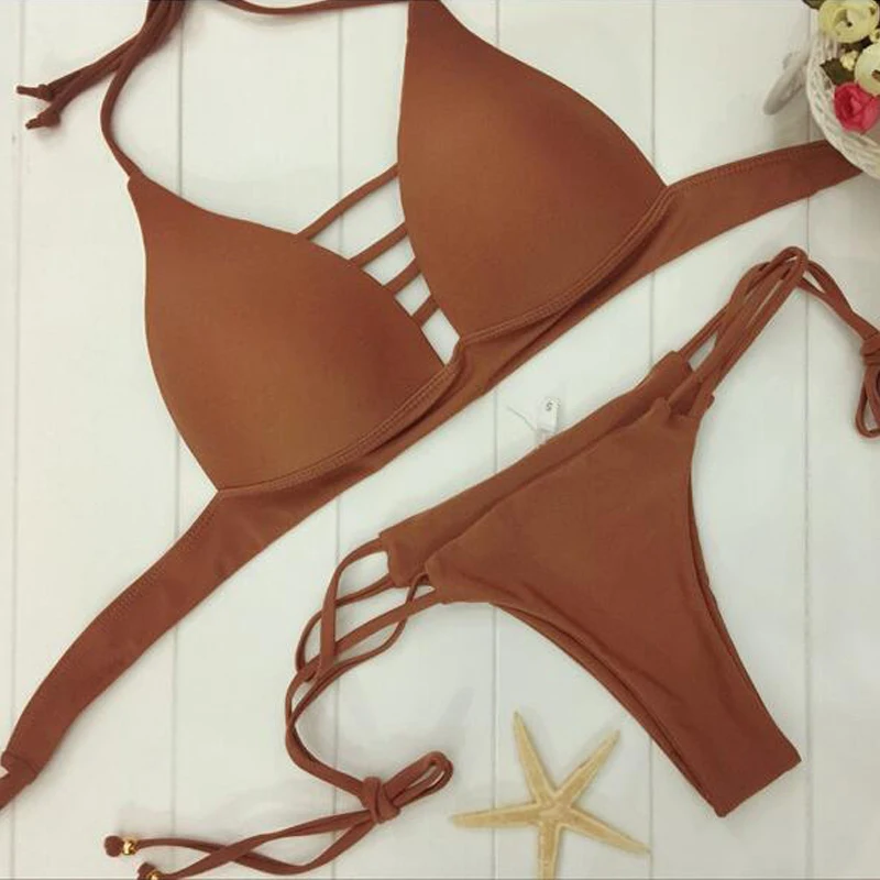 Itsroy New 4 color Women's Swimwear Double Strap bandage Bikini Set Solid design chest pad Two Pieces Sexy Women Bikini|bikini set|bikini