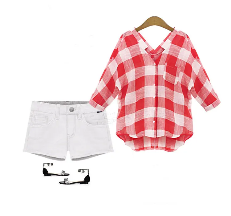 Women Blouses 2019 Fashion Long Sleeve V-Neck Shirt Red Grid Blouse Casual Tops Plus Size Blusas Femininas |