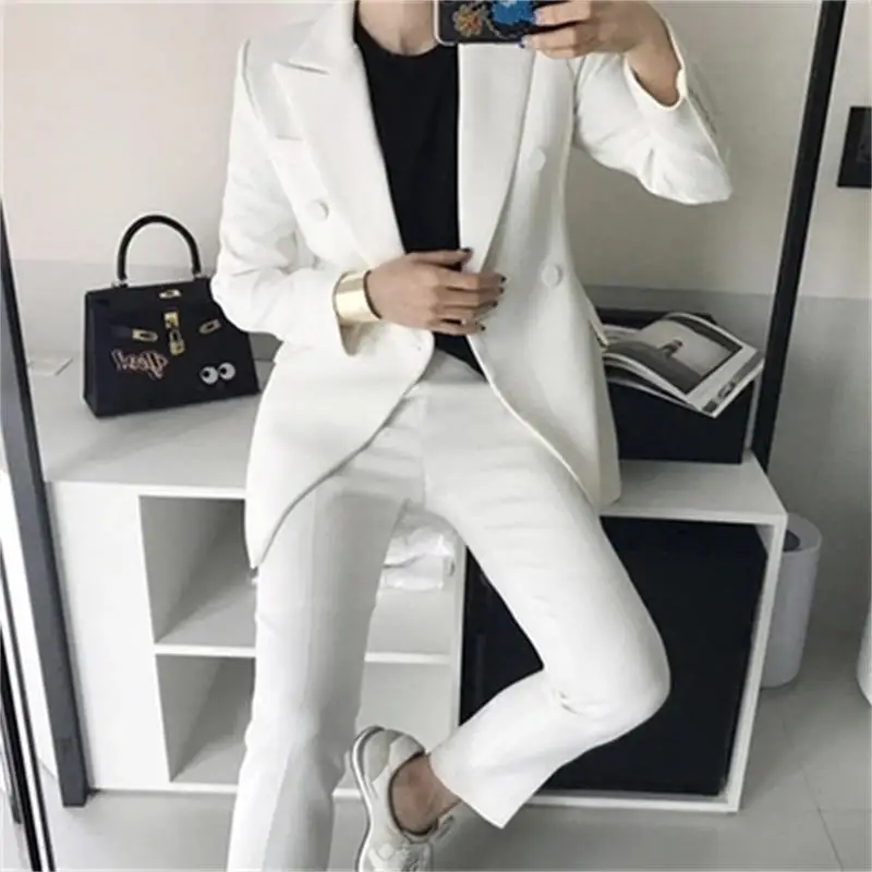 

Fashion pink white suit suit female spring New leisure Double-breasted small suit+pants professional wild two-piece suit women