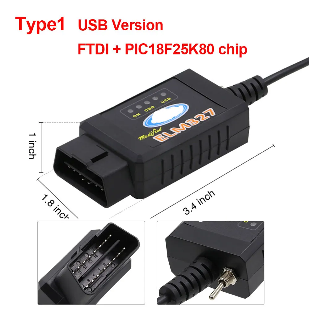 USB version 1 ELM327 Bluetooth V1.5 Wifi USB FTDI чип с переключателем кодов ELM 327 для ford HS CAN и MS CAN OBD2 диагностический инструмент - Цвет: USB version 1