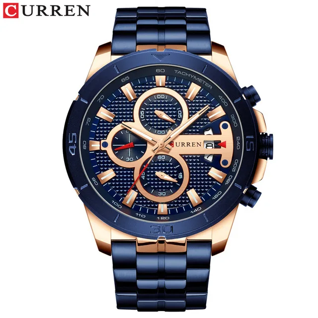 rose blue CURREN золотые часы для мужчин Роскошные хронограф полный стальной ремешок кварцевые часы reloj hombre Водонепроницаемый relogio masculino мужские часы s - Цвет: rose blue