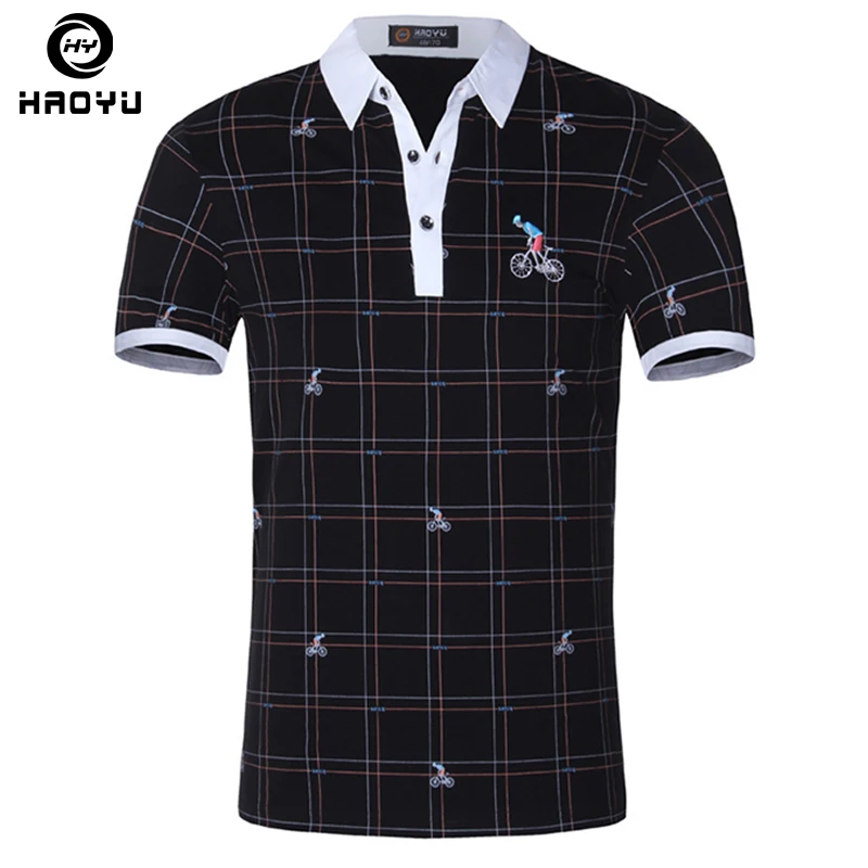 Мужская однотонная хлопковая рубашка поло с коротким рукавом и принтом от морщин