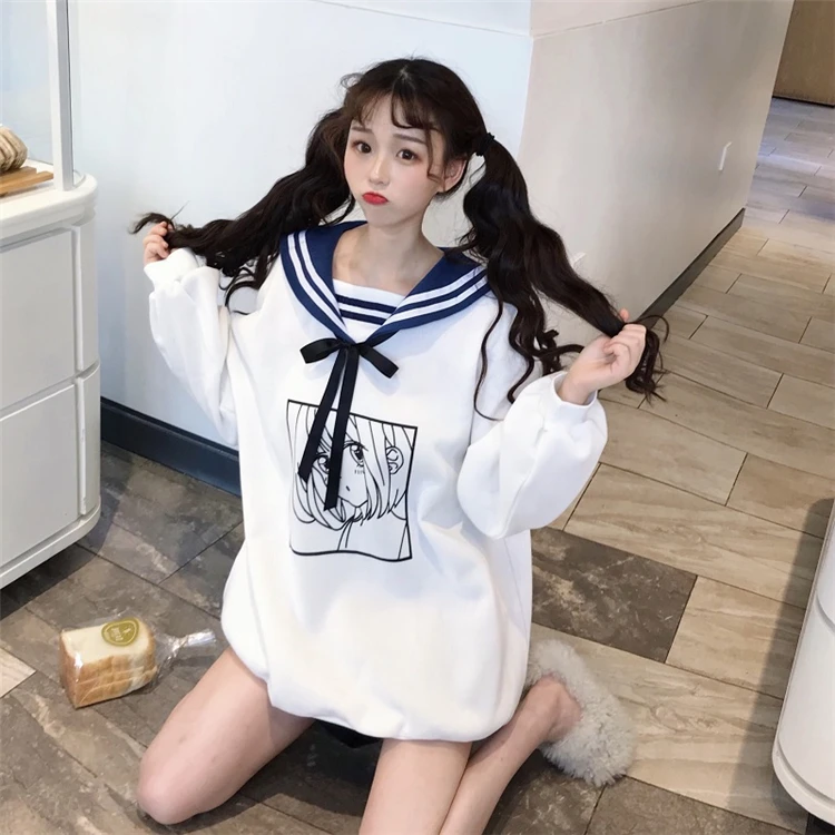 Японская женская одежда kawaii мультфильм Милая Толстовка свободный матросский