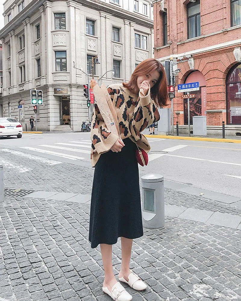 NORMOV Fashion Womens Autumn And Winter New High Waist Long Section Knitted Skirt Wool A Word Skirt Solid Color Casual Skirt