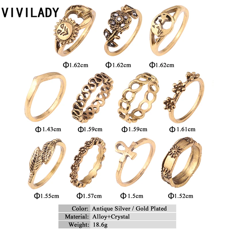 VIVILADY 11 шт./компл. этнический старинный палец средней длины ранняя Луна Звезда