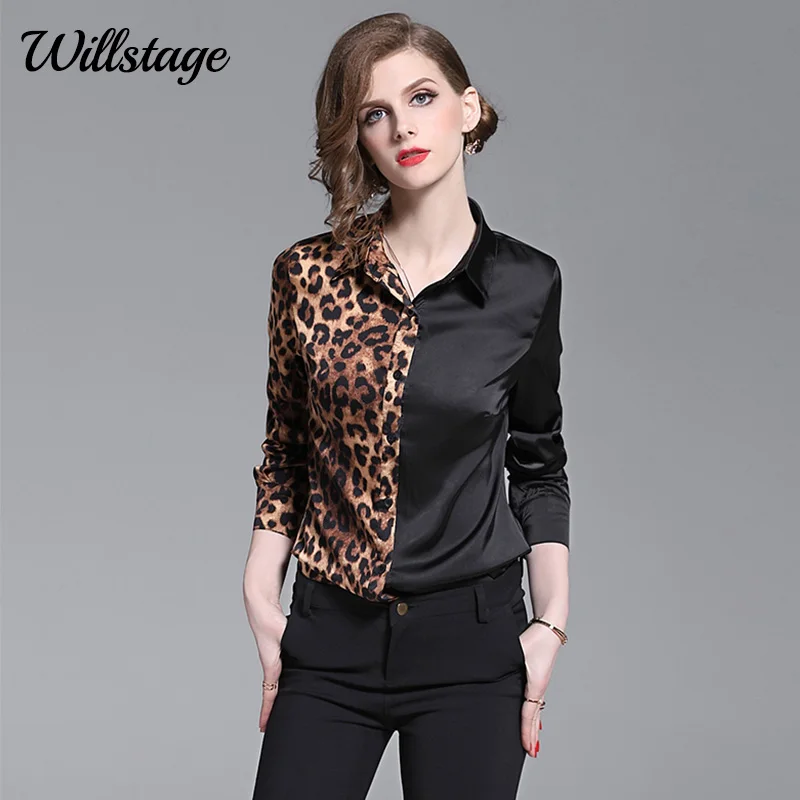 Женская рубашка Willstage 3XL черная формальная с длинным рукавом и леопардовым