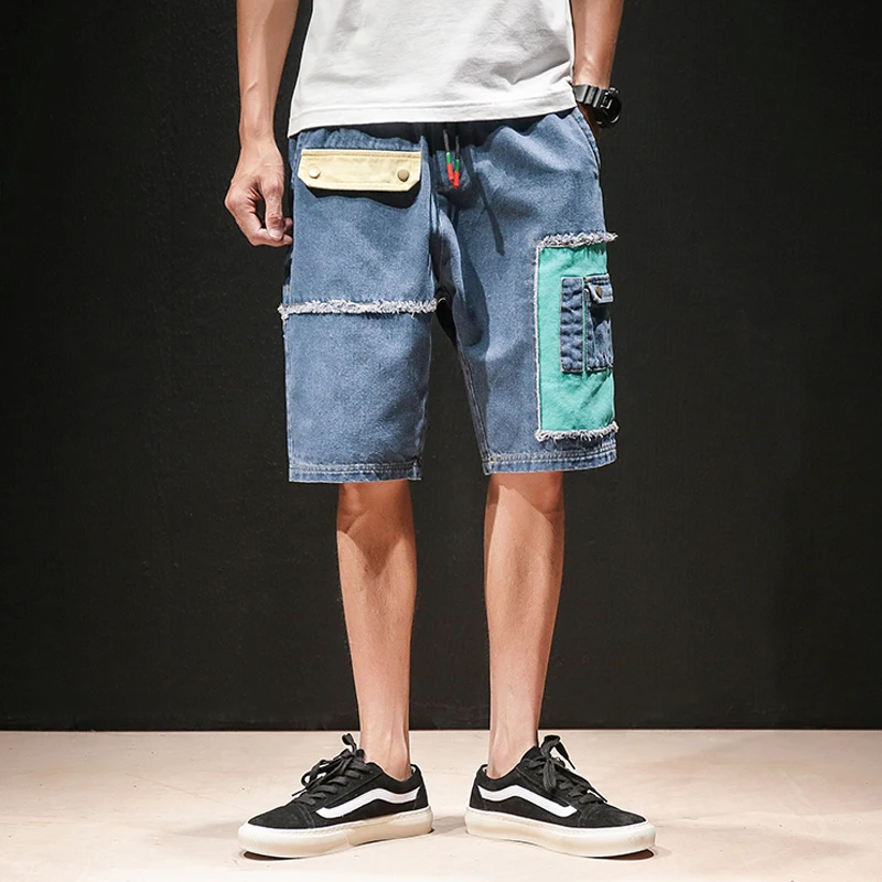 2018 новый дизайн Для мужчин джинсы брюки Лоскутные Drawstring Cargo короткие Прямые