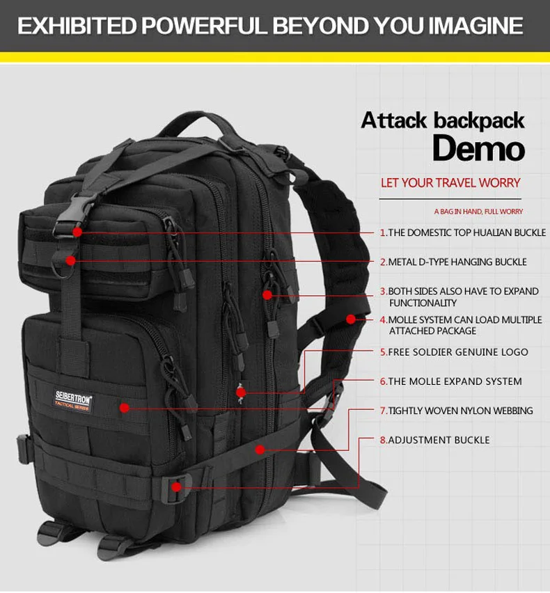Seibertron Открытый тактический рюкзак 3P MOLLE сумка для пешего туризма кемпинга EDC рюкзак компактный пакет сумка для вершины 30л/45л Водонепроницаемый