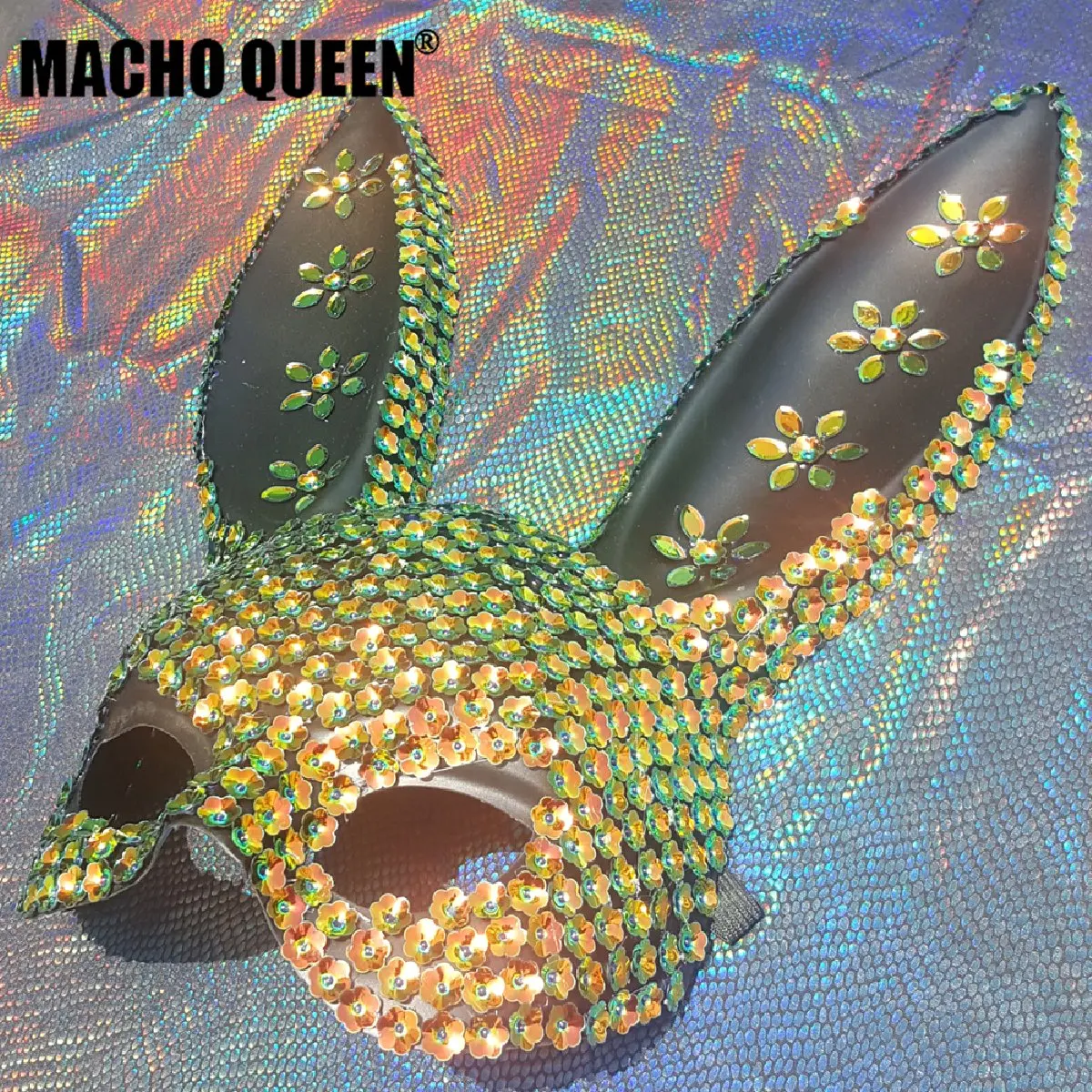 green sequin Голографическая маска горящего человека Серебряная Спайка Банни кутюр для лица костюмы фестивальный рейв одежда наряды снаряжение Хэллоуин маскарад - Цвет: green sequin