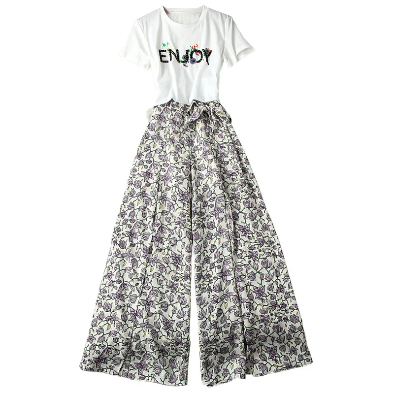 Summer Fashion Cropped Nail Beads Shirt Crop And Wide Leg Chiffon Trousers Pants Suit 2 Piece Set Women |