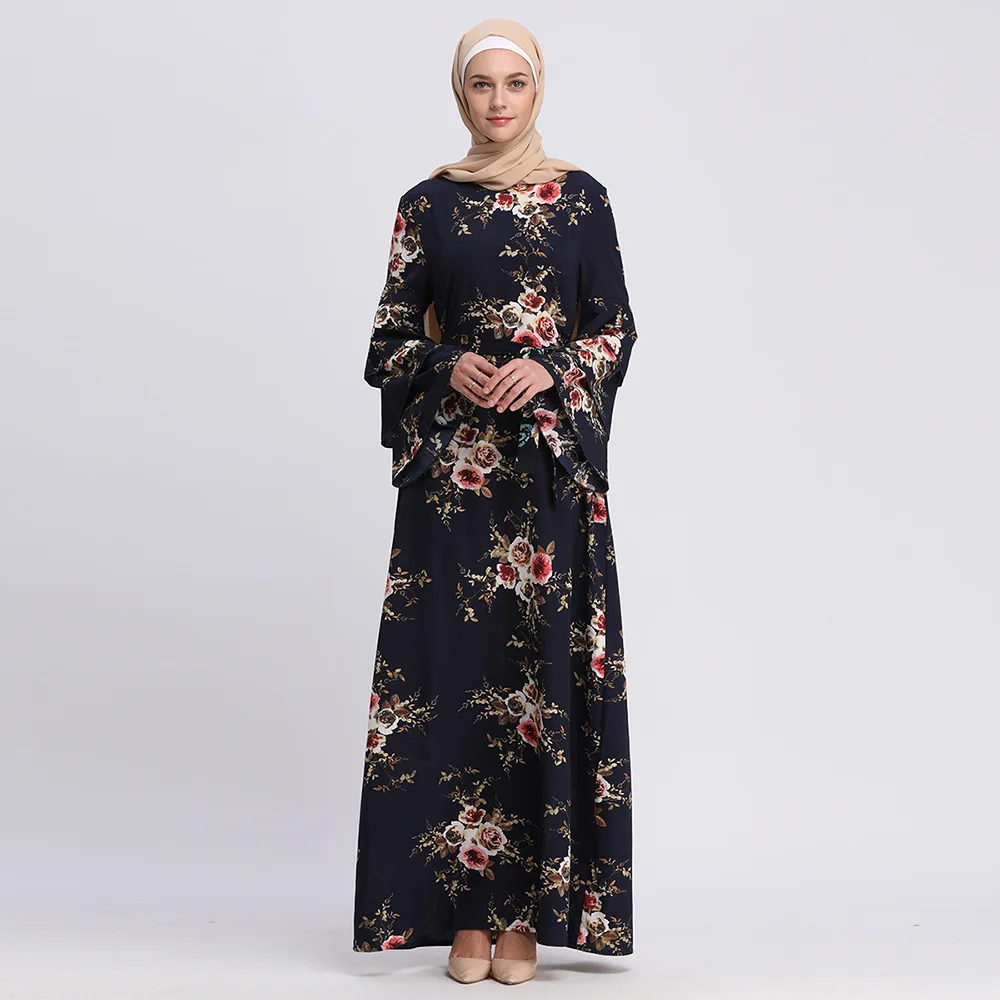 Abayas Women Islamic Clothing Flowers Print Fashion Bandage Hijab Dresses Maxi Muslim Dress Bangladesh Kaftan Dubai Turkey Robe |