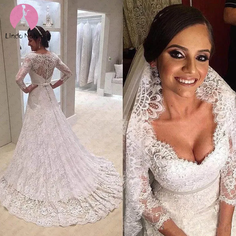 Vestido De Noiva/ кружевные свадебные платья трапециевидной формы с длинными рукавами, свадебное платье Casamento, свадебные платья Robe De Mariee