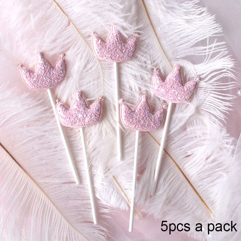 pink crown 5 шт./компл. девушка Боби с днем рождения флажки для торта Звезда сердце корона для детский душ вечерние декор для выпечки торта поставки синий розовый - Цвет: pink crown